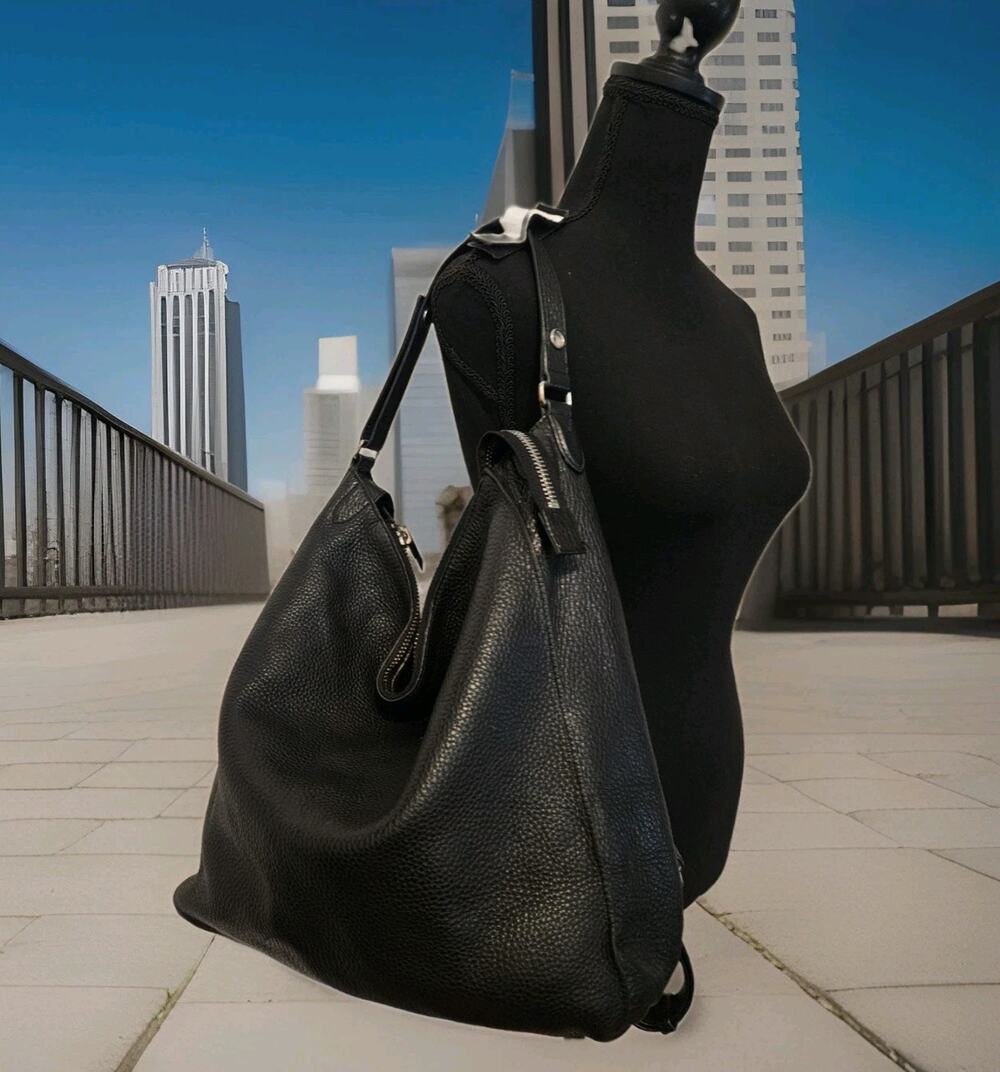 Margot Black Leather Large Hobo Style Shoulder Bag W/Backpack Straps 13x14x4